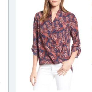 Pleione - Draped Snap Faux Wrap Blouse 699793 | Size Small | Brick Flower Navy